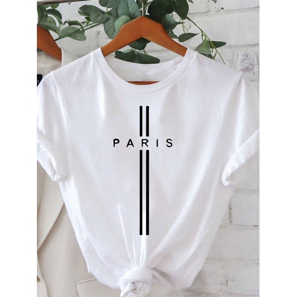 Chic Paris Letter Print Women's T-Shirt - Casual Crew Neck, Short Sleeve Top, Machine Washable, Ideal for Spring & Summer