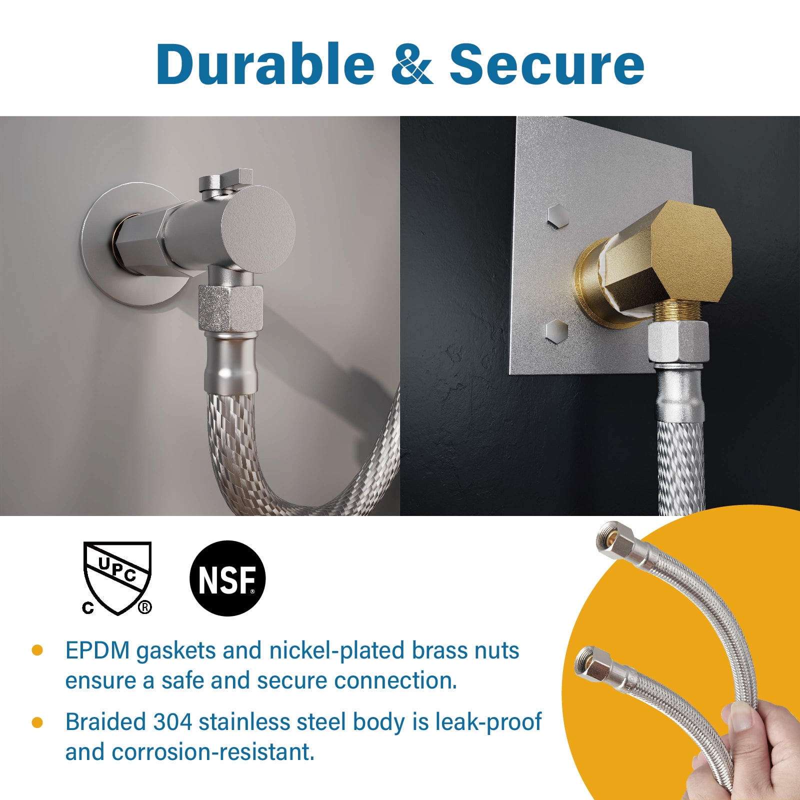 6Ft Stainless Steel Dishwasher Water Supply Line, F 3/8 C x F 3/8 C Brass Nut, Flexible Washer Supply Hose, Universal Fit, Leak-Proof