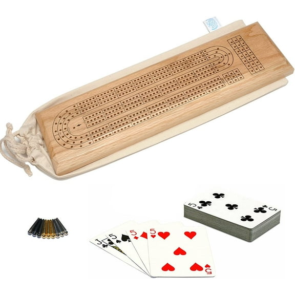 WE Games Deluxe Cribbage Set - Solid Oak Wood Continuous 3 Track Board