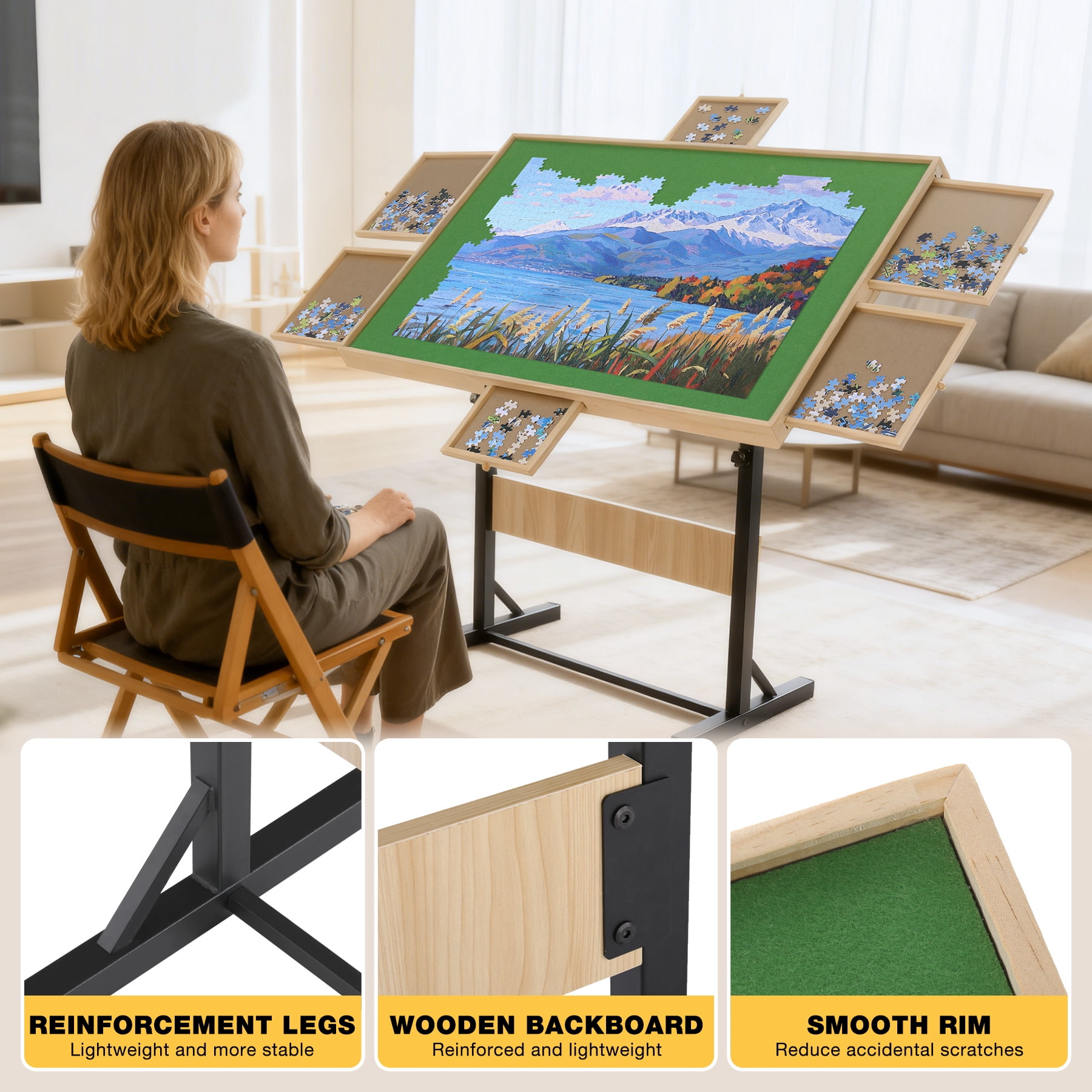 FUNTOK 1500 Pieces Puzzle Table with 6 Drawers, Adjustable Jigsaw Table in Height Angle with Cover Upgraded Stability for Adults