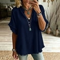 thumbnail image 2 of hlysgo Women's Cotton Blend Tops Notched V Neck Blouse Double Layer Frayed Raw Edge Sleeve Boho Beach Vacation Shirts Navy,S, 2 of 6