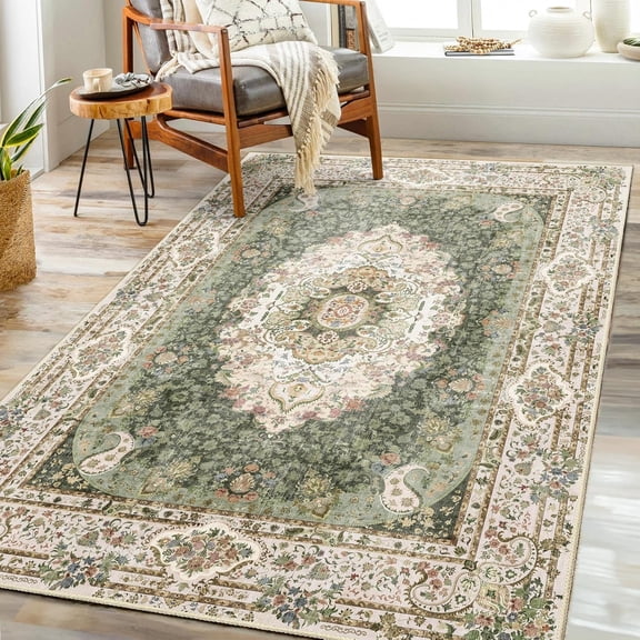 Green Rug 3x5,Washable Area Rugs for Bedroom Living Room Kitchen Entryway,Small Boho Vintage Bohemian Distressed Non Slip Carpet,Floral