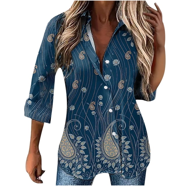 Womens Button Down Shirts Long Sleeve V Neck Work Office Blouses Collared Loose Fit Floral Printed Work Tees Tunics