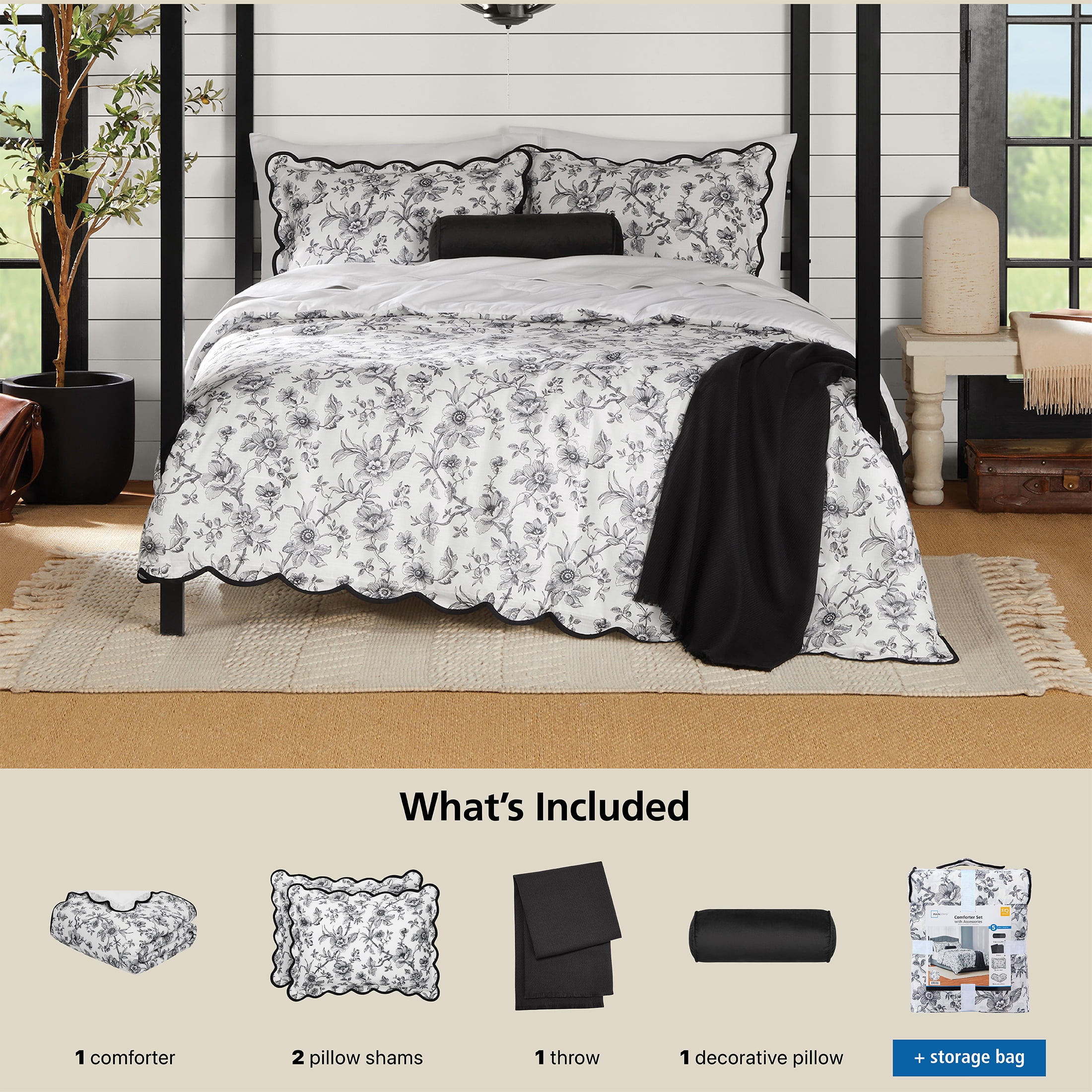 Mainstays Full/Queen Comforter Set, All-Season, 5-Piece, White & Black Floral Scallop
