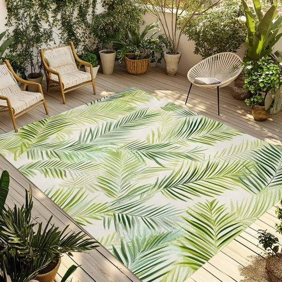 Fsddascl Sage Green Palm Leaf Outdoor Rug for Patio/Deck/Porch, Non-Slip Large Area Rug 5 x 8 Ft, Summer Botanical Modern Art Indoor Outdoor Rugs Washable Area Rugs, Reversible Camping Rug Carpet