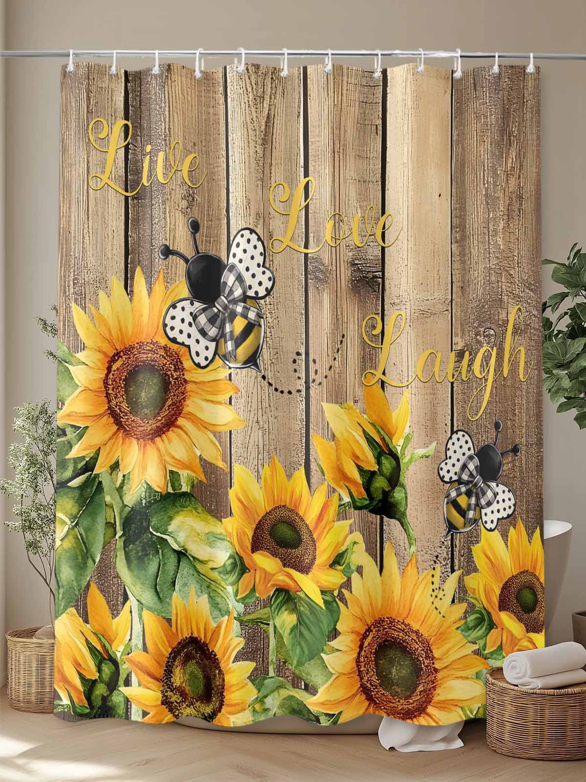 Farmhouse Sunflower Shower Curtain, Live Love Laugh Bathroom Decor Curtains Set with Hooks, Vintage Brown Wood Waterproof Fabric Home Accessories， 72 X 84 Inch Extra Long
