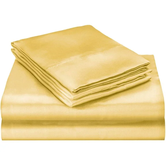 Roch Linen 100% Luxury Silk Satin Sheet Set 4pcs, Silk Fitted Sheet,Silk Flat Sheet&Silk Pillowcases (Gold,King)