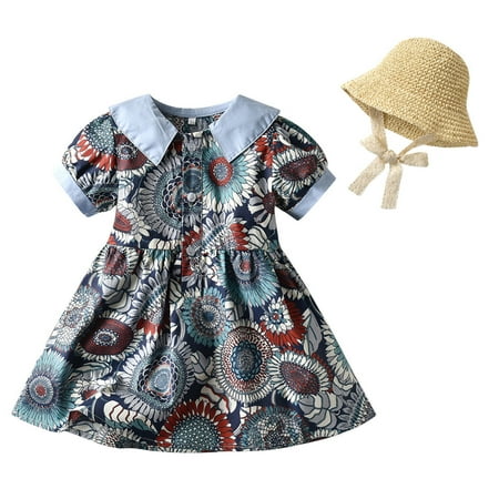 

TAIAOJING Girls Summer Dresses Kids Toddler Baby Spring Summer Floral Cotton Short Sleeve Princess Dress Hat 3-4 Years