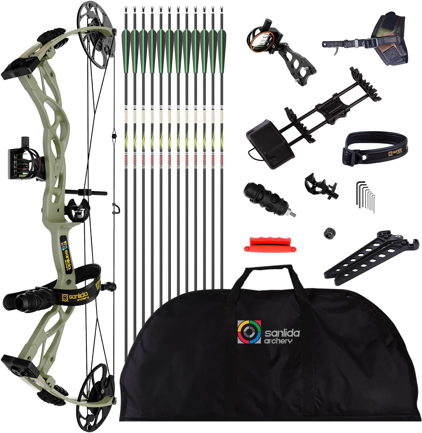 Sanlida Dragon X9 Ready to Hunt Compound Bow Package for Adults, Archery Compound Bow and Arrow Set, 0-70 Lbs Draw Weight, No Bow Press Needed, Limited Life-time Warranty (Desert)