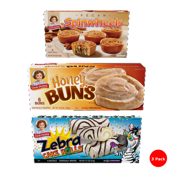 Little Debbie Snack Cake Combo (3 Pack) – Honey Buns - 6 Buns, Pecan Spinwheels - 8 Sweet Rolls , Zebra Cake Rolls - 6 Cake Rolls (All Individually Wrapped)