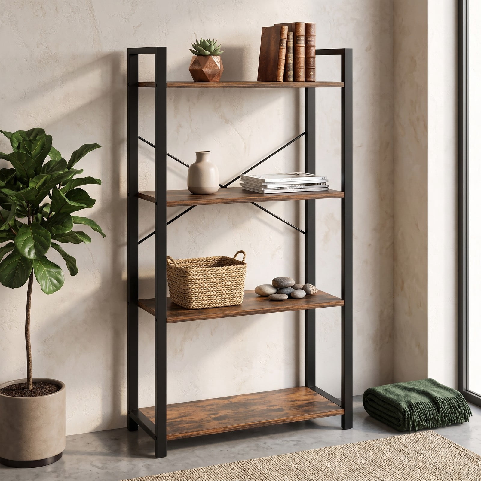 Furnibear 4-Tier Bookshelf with Heavy Duty Metal Frame, Industrial Freestanding Display Storage Shelf with X-Shaped Bracket and Anti-Tip Kits for Living, Rustic Brown
