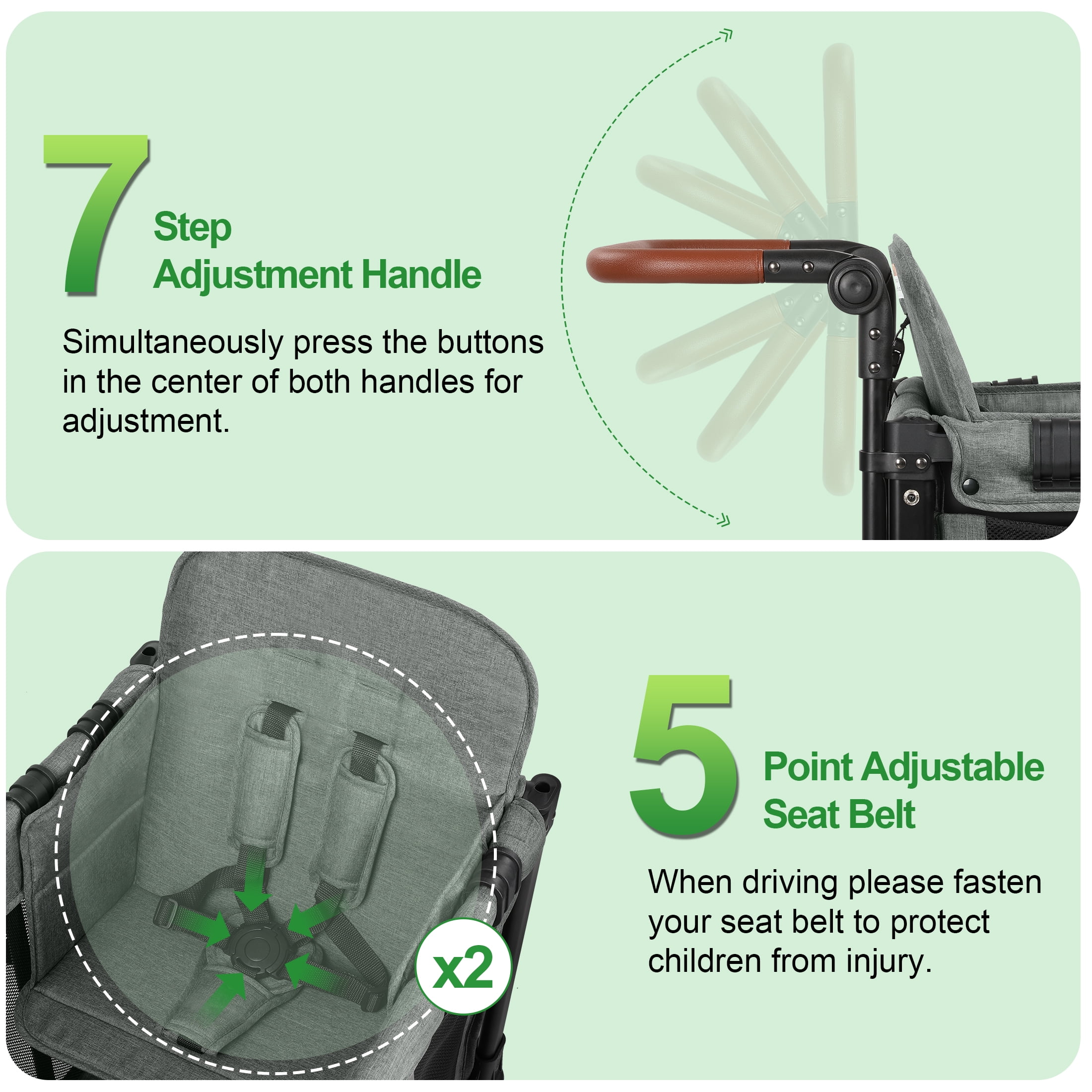 Vomeast Wagon Stroller for 2 Kids, 3-in-1 Outdoor Baby Stroller Wagon with Canopy, 5-Point Harness, Adjustable Handlebars, Removable Seat for Toddlers, Grey Vomeast Wagon Stroller for 2 Kids, 3-in-1 Outdoor Baby Stroller Wagon with Canopy, 5-Point Harness, Adjustable Handlebars, Removable Seat for Toddlers, Grey - Image 5