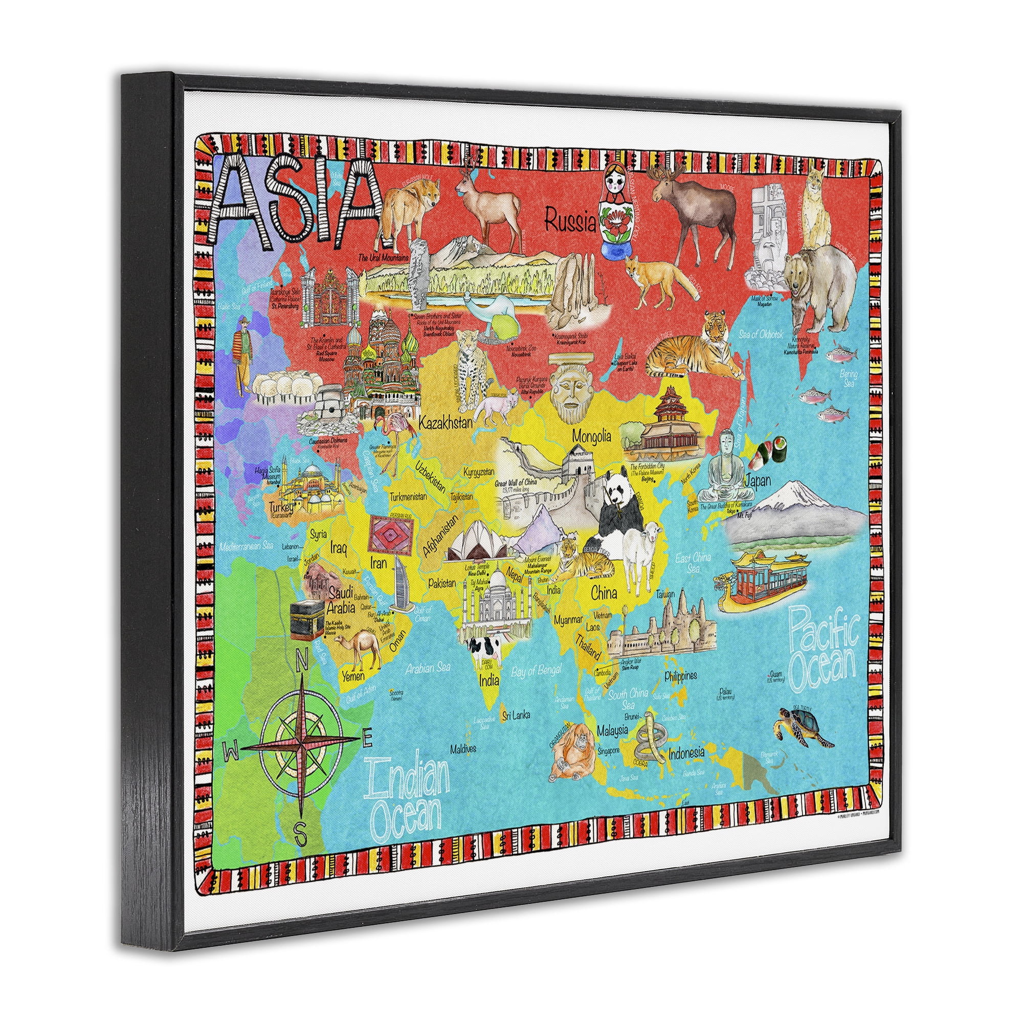 Stupell Industries Asian Animal Map Travel & Places Painting Black Framed Art Print Wall Art, 30 x 24