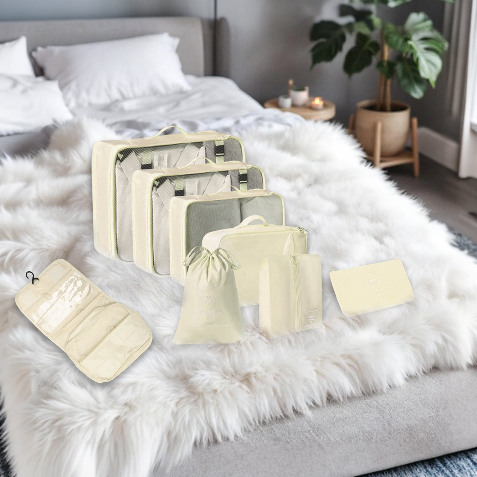 Unique Bargains 8 Pcs Portable Packing Cube Set for Luggage Beige