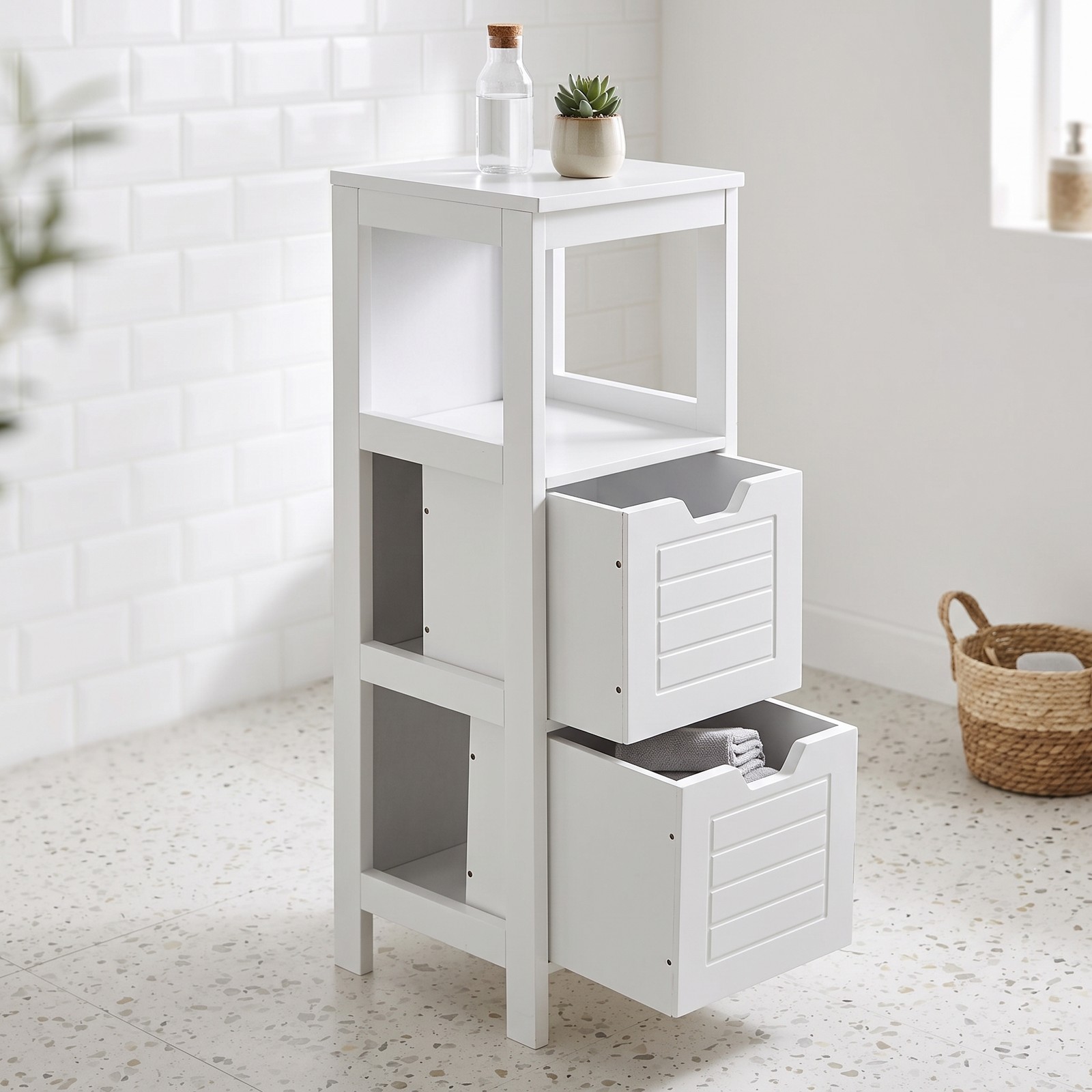 ALPULON Floor Cabinet Multifunction Storage Rack Stand Organizer, Freestanding Bathroom Storage Cabinet with 2 Drawers and 3 Open Shelves for Living Room, White