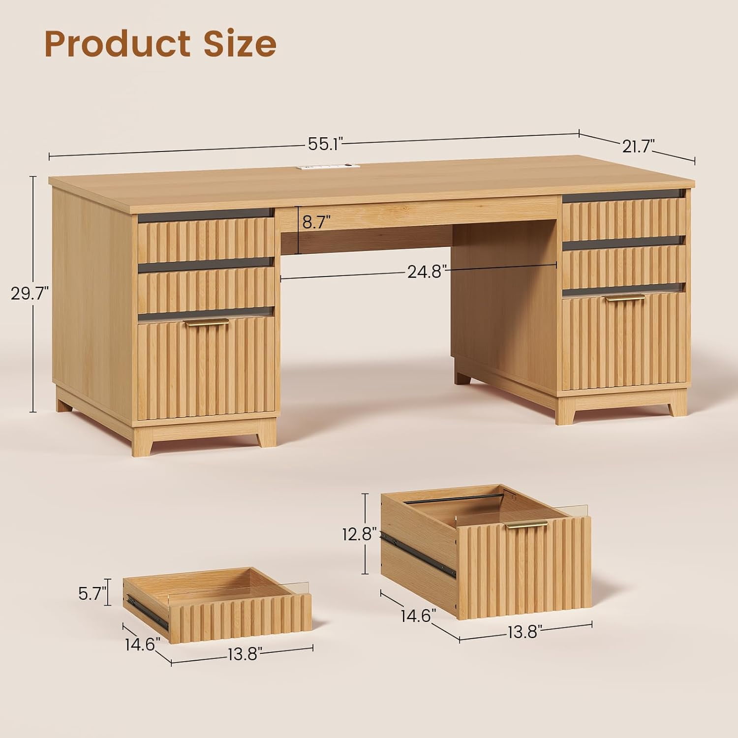 SEDETA 55 Inch Fluted Computer Desk with 6 Drawers, Modern Executive Desk with Acrylic File Drawers, Home Office Desk with Power outlets for Writing and Study, Vanity Desk for Bedroom, Natural Wood
