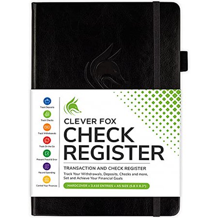 Clever Fox Check Register " Deluxe Checkbook Log with Check & Transaction Registers, Bank Account Register Booklets for Personal and Work Use, A5 Hardcover - Black