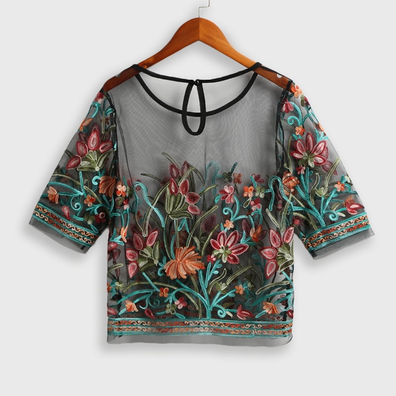 mesh top with embroidered flowers