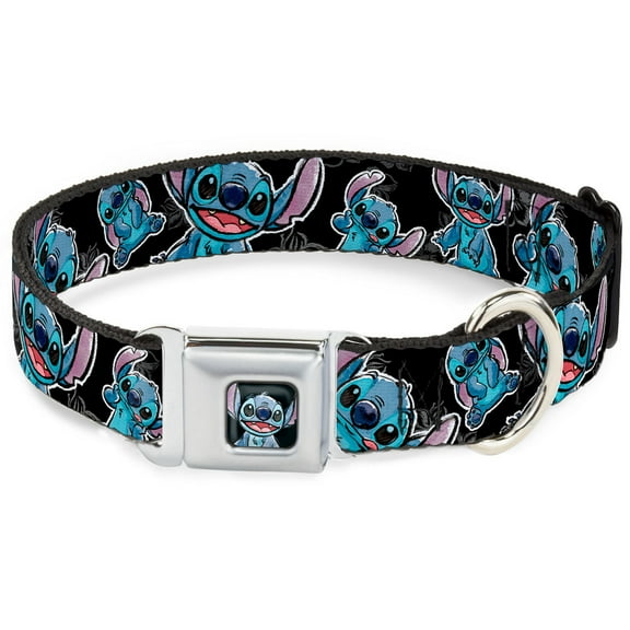 Disney Pet Collar, Dog Collar Metal Seatbelt Buckle, Stitch Poses Hibiscus Sketch Black Gray Blue, 9.5 to 13 Inches 1.0 Inch Wide