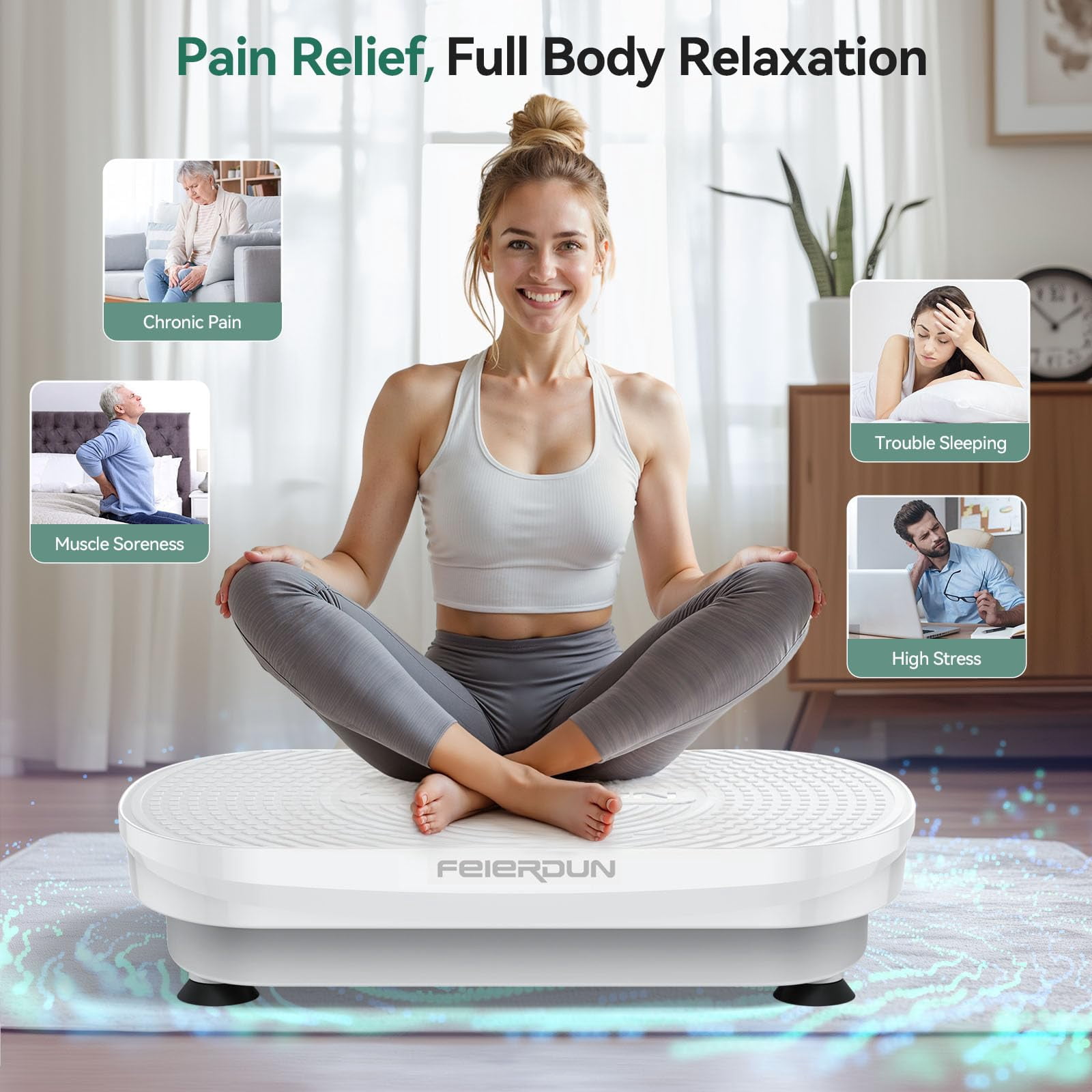 UPGO Vibration Plate Exercise Machine, Lymphatic Drainage Machine, Whole Body Workout Vibration Platform w/ 2 Resistance Bands for Weight Loss, Toning & Wellness-White