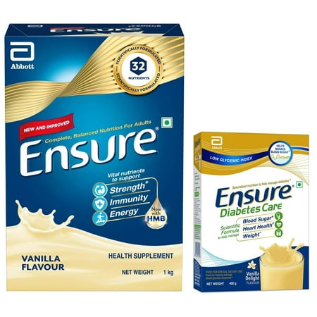 En sure Complete Balanced Nutrition Drink For Adults- Vanilla 1Kg & En-sure Diabetes Care Nutrition to Help Control Blood Sugar Levels- Vanilla 400g Box
