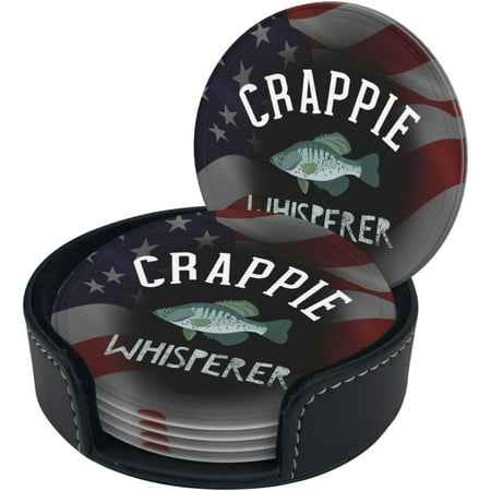 

Crappie Whisperer Fishing Premium Leather Coasters - Set of 6 with Holder | Stylish Drink Coasters for Kitchen Coffee and Home Decor