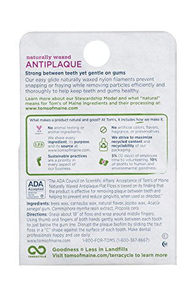 Tom's of Maine Natural Waxed Antiplaque Flat Floss, Dental Floss, Natural Floss, Spearmint, 32 Yards, 6-Pack