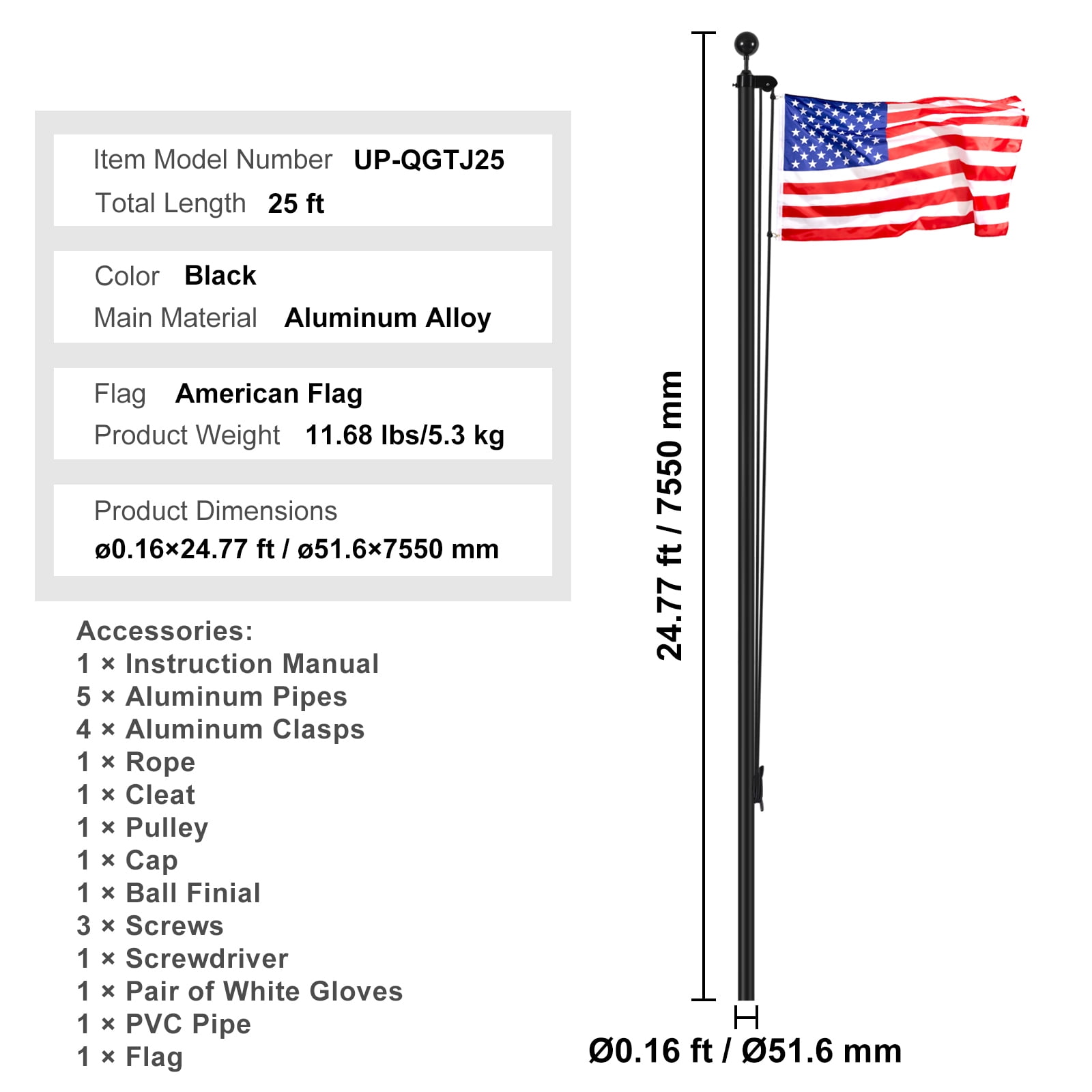 KFFKFF 25FT Segment Flagpole Set, Robust Aluminum Alloy Outdoor Ground Flag Stands, Trio Display Options with 3x5 US Flag, Expert Gear, Black
