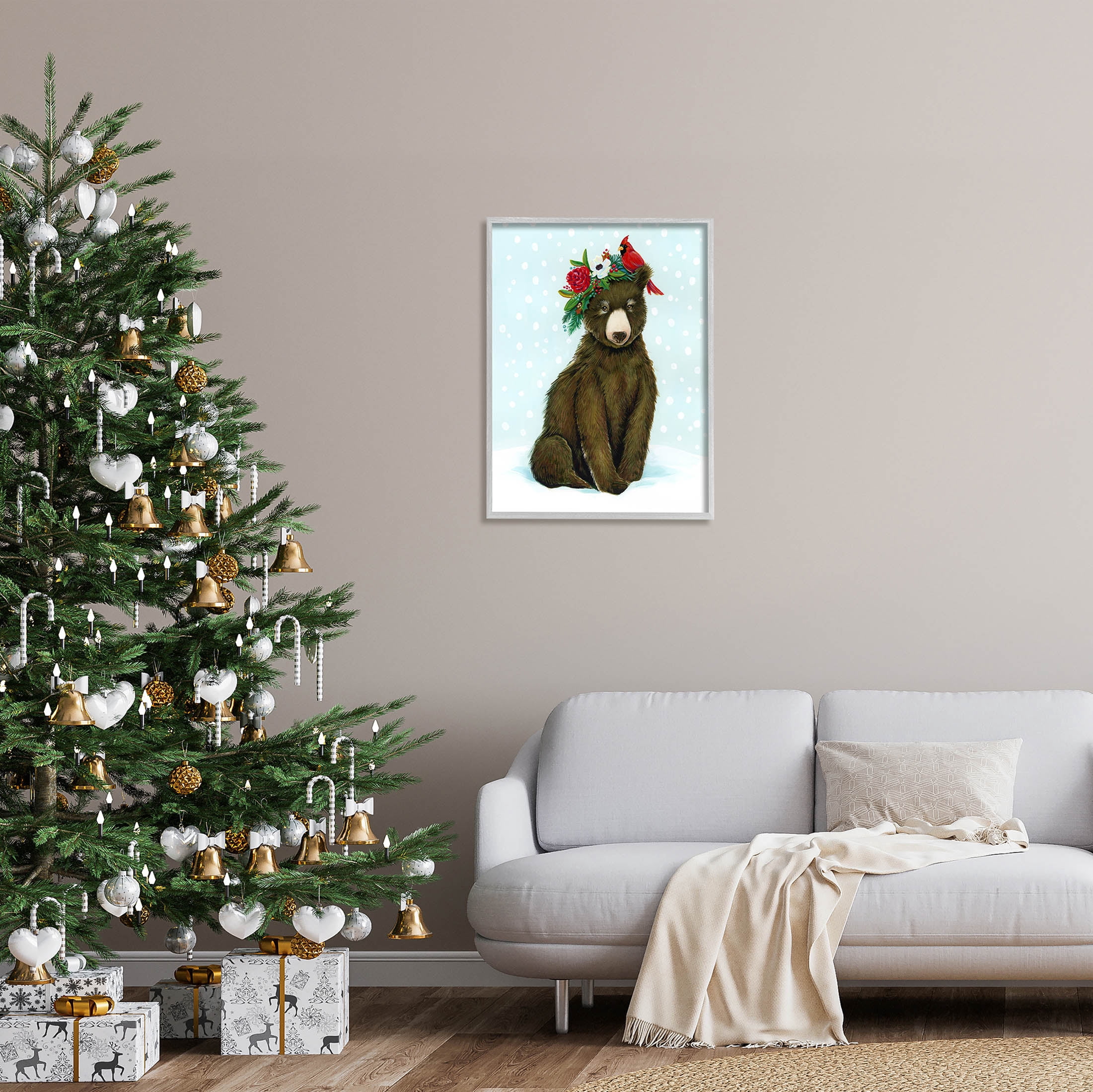 Stupell Industries Bear Seasonal Holly Snow Scene Graphic Art Gray Framed Art Print Wall Art, Design by Laura Marr