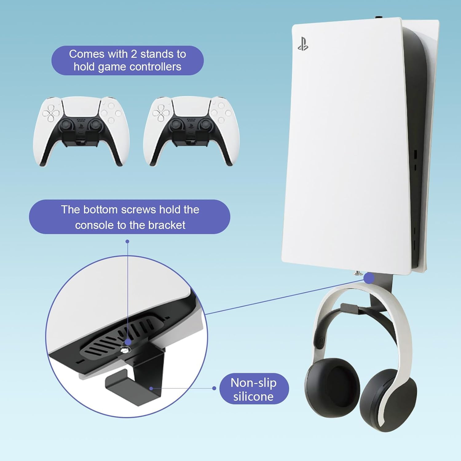 PS5 Wall Mount, Heavy-Duty Steel Mount Kit for Protection & Cooling with 2 Controller Holder and Headset Holder,Compatible with All PS5 Models Including Slim, Pro, Original, White