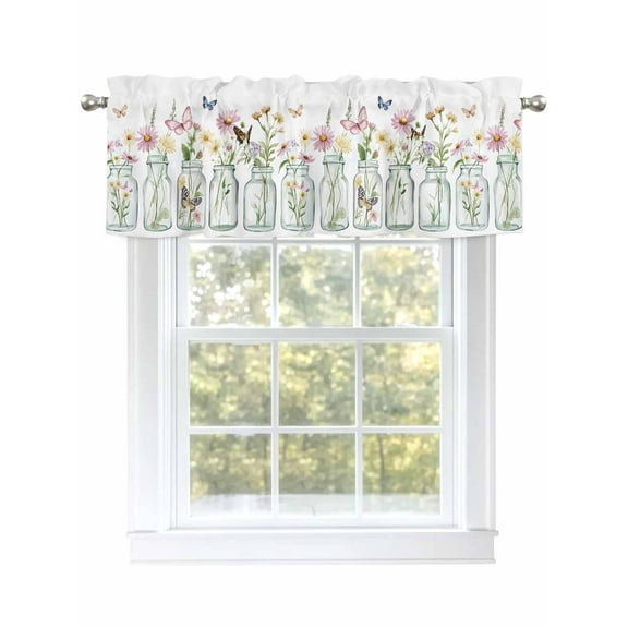 Butterfly Floral Vase Valances for Windows, Rod Pocket Kitchen Valance Curtains - Soft & Washable Small Window Treatment for Living Room, Bathroom, Pink Flower , 42x12 Inch, 1 Panel