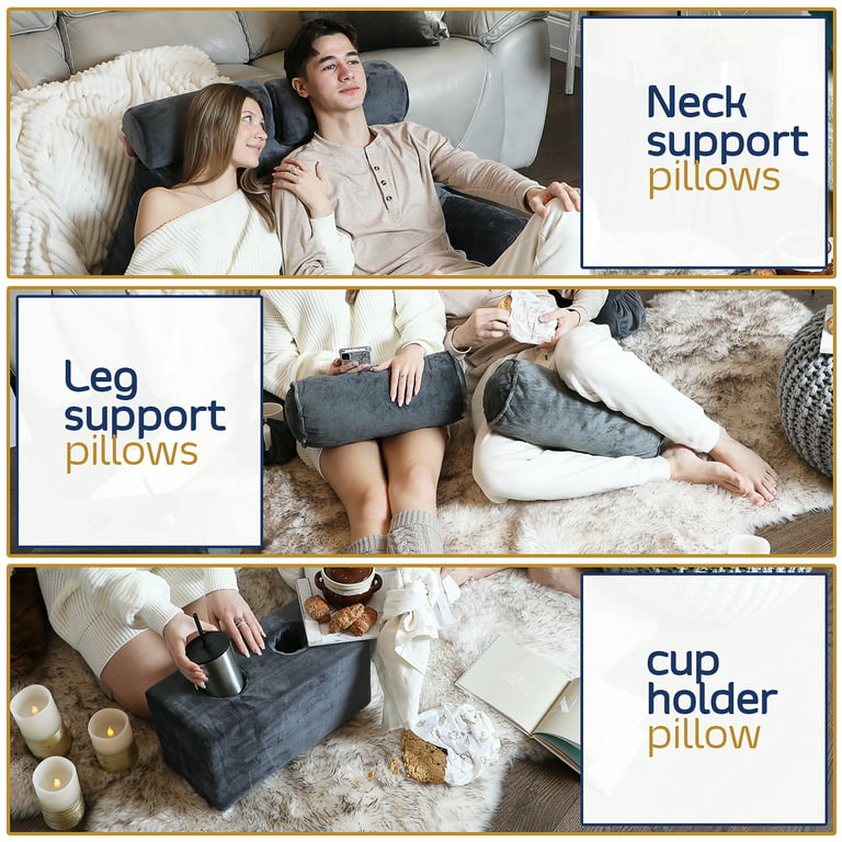 Nestl Double Reading Pillow, Double Back Pillow, Backrest Pillows for Bed  with Arms, Back Pillows for Sitting in Bed, 2 Neck Roll & 2 Lumbar Back  Support Pillow, Gray 