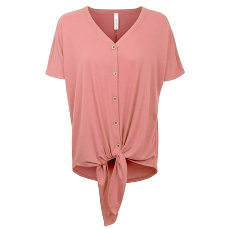 KOGMO Womens Short Sleeve V Neck Button Down T Shirts Tie Front Knot Casual Tops