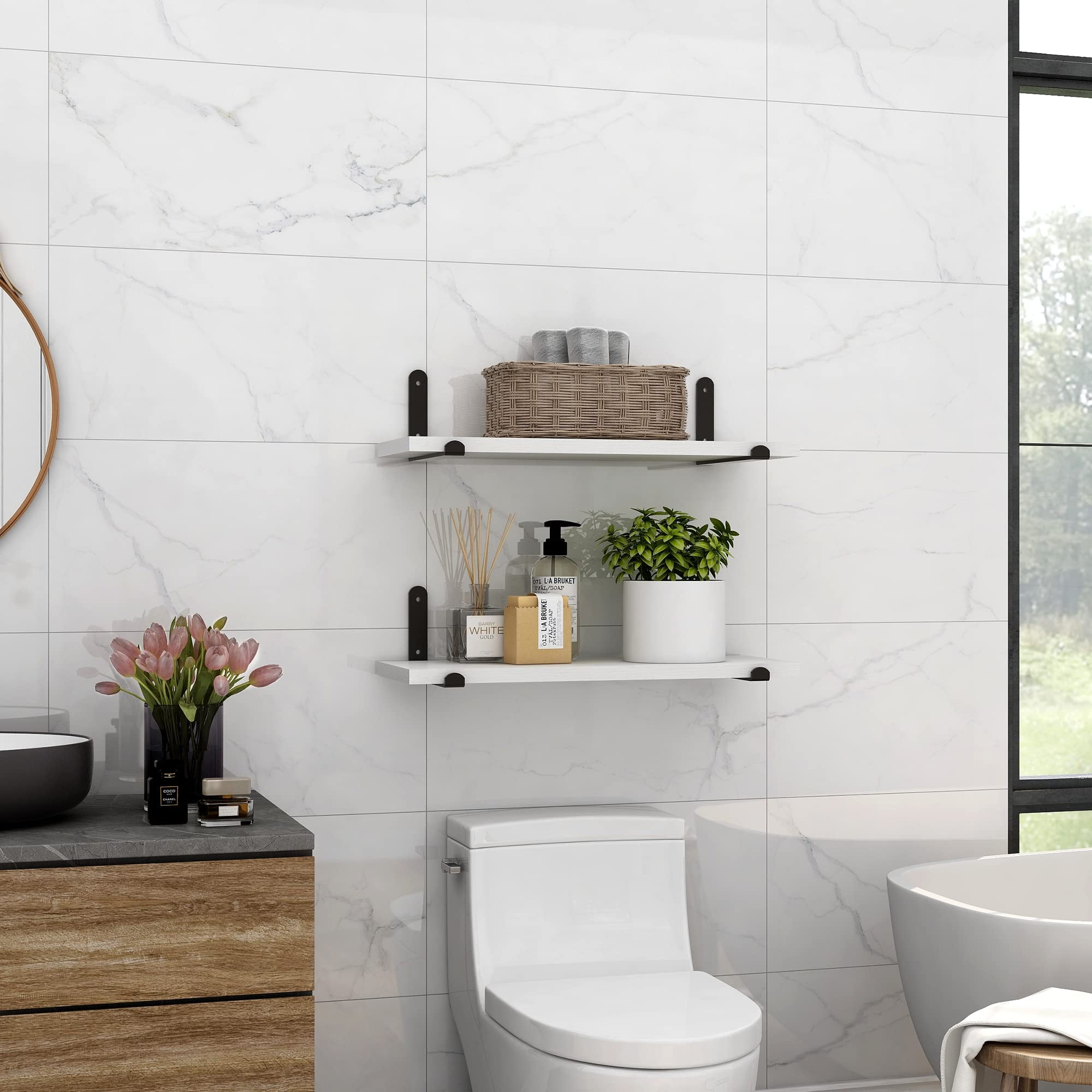 Afuly White Floating Shelves for Wall Hanging Shelves over Toilet Set of 2, 16in Wooden Decorative Shelves Wall Mounted with Black Brackets for Bathroom Bedroom Living Room
