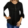 thumbnail image 1 of Women Cutout Crochet Ruffled 3/4 Sleeve Buttons Round Neck Shirt, 1 of 7