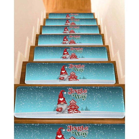 Teal Christmas Gnomes Stair Treads for Wooden Steps Indoor Runner Rug Carpet, Xmas Tree Snowflake Love Winter 10 Pieces Peel and Stick Staircase Step Treads Covers Washable Throw Door Mats, 30"x8"