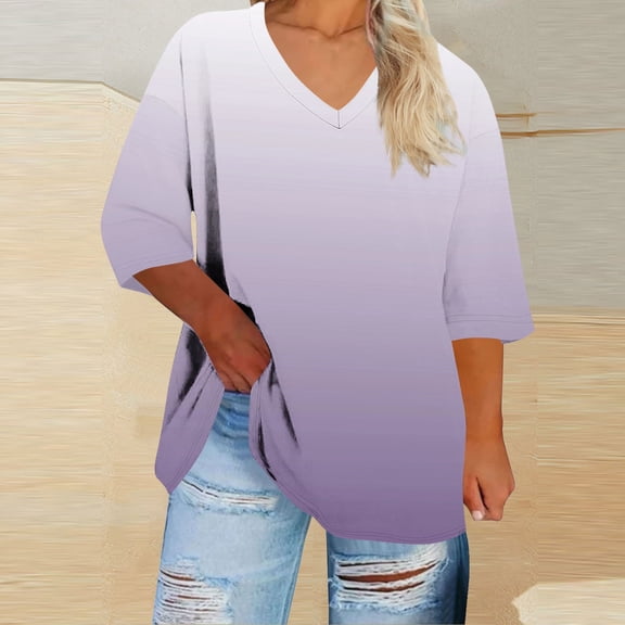 Gamivast 3/4 Sleeve Tops for Women Plus Size Oversized V Neck Gradient Tunic Tee Shirts Casual Loose Drop Shoulder Blouse Fashion Clothing S-5Xl