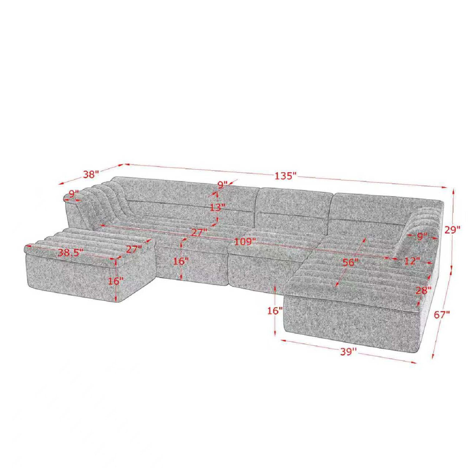 avobird 135" U-Shaped Modular Sectional Sofa with Chaise and Movable Ottoman for Living Room, Chenille Upholstered Boneless Couches with Wave-Shaped Armrest, Black