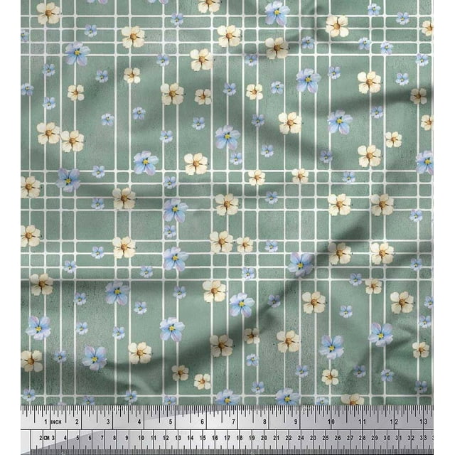 Soimoi Green Silk Fabric Check & Floral Print Fabric by Yard 42 Inch Wide