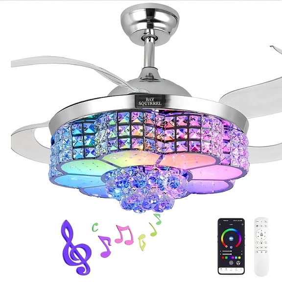 42-inch Crystal Decoration With RGB Ceiling Fan With Light, Support Infinite Dimming And Light Memory. With Speakers, 6 Speeds Reversible Blades, Flush Mount Chandelier Ceiling FanRemote