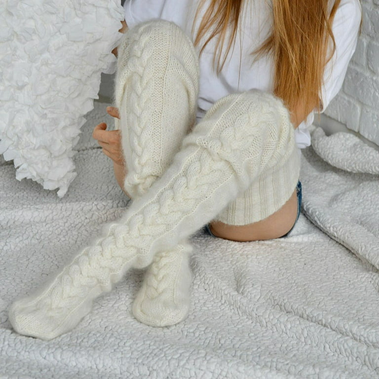 Woman's High Knee Wool Boots Socks, Vintage Natural Wool Long Socks in  Grey, Hand Knitted Woolen Thight High Socks 