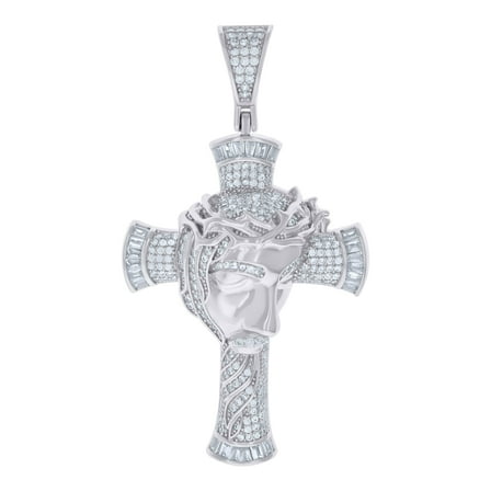 925 Sterling Silver Mens Round Baguette Cubic-Zirconia Jesus Face Cross Religious Charm Pendant