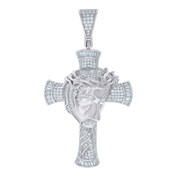 925 Sterling Silver Mens Round Baguette Cubic-Zirconia Jesus Face Cross Religious Charm Pendant