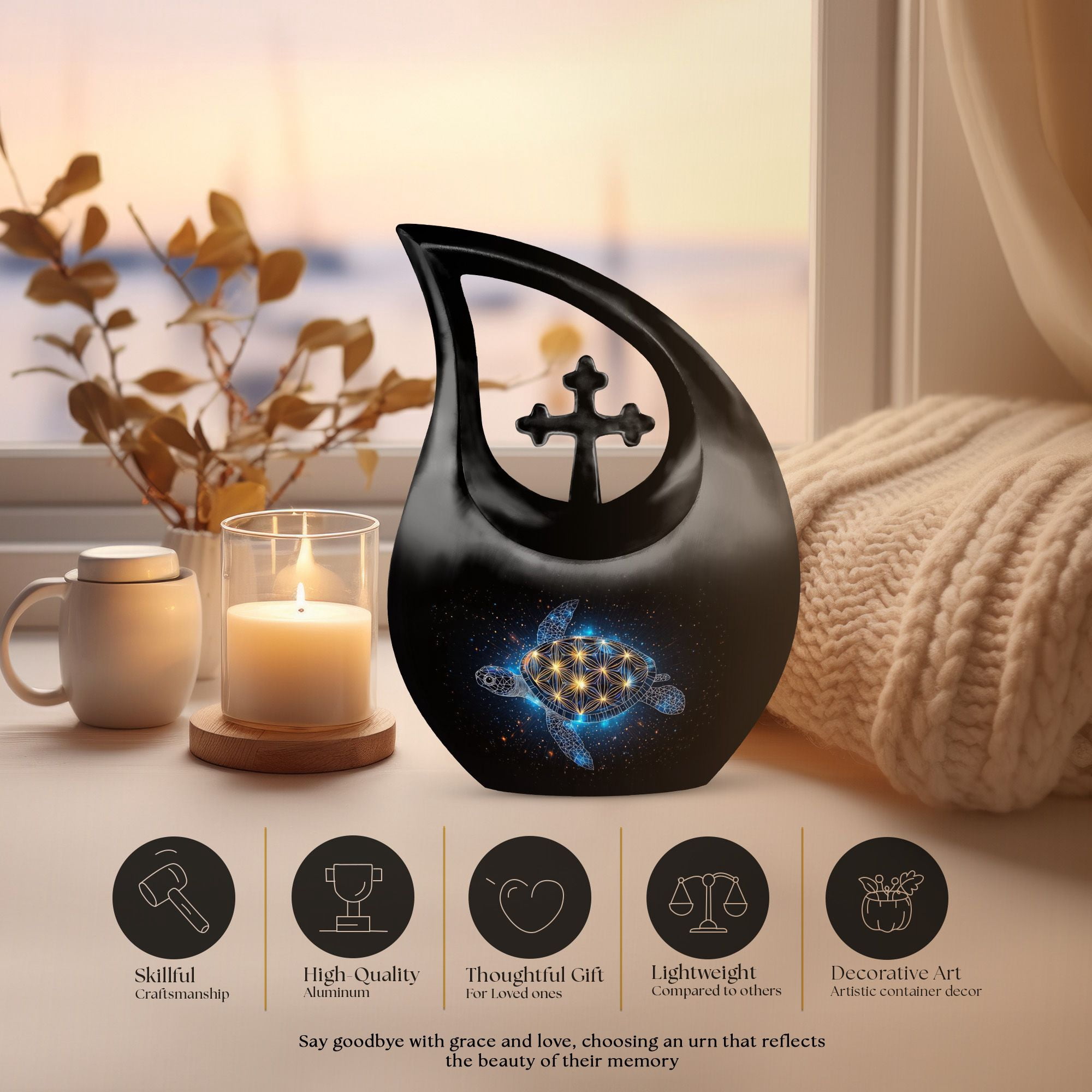 MUKTIVE Tortoise Cremation Urns for Human Ashes Large - Cross Drop Burial & Funeral Urn for Ashes for Men - Remembrance Gift for Loss - Memorials & Funerary Cremains Holders, 10 Inches