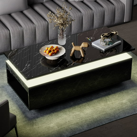 Opohoro Black Marble LED Coffee Table with Storage and Charging Station, Modern High Gloss Center Table for Living Room, 47"L×22"D×16.5"H