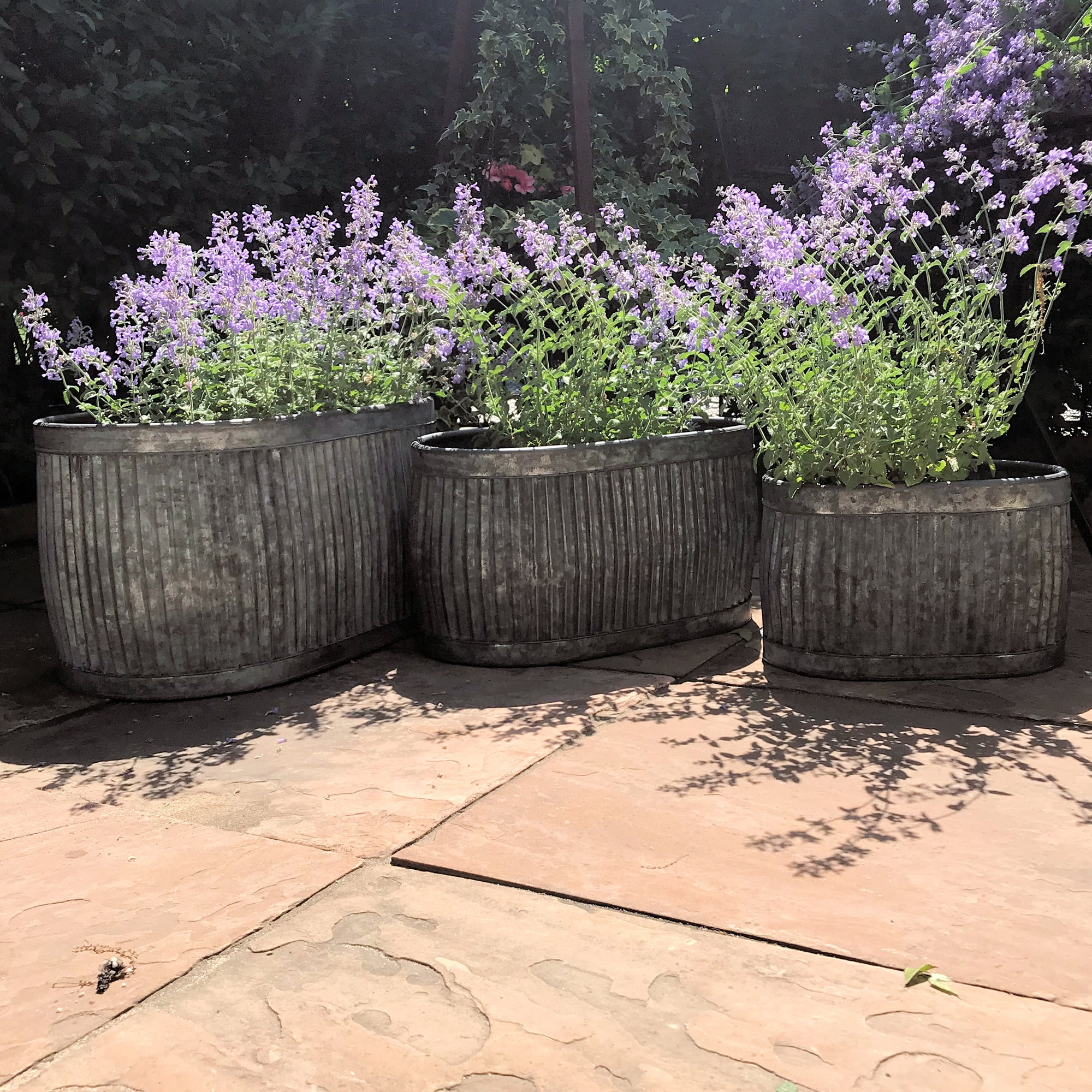 WHW French Country Style Oval Belly Planters, Set of 3, Gray, Galvanized Metal, Corrugated Cache Pots, 24.5, 20 and 14.5 inches