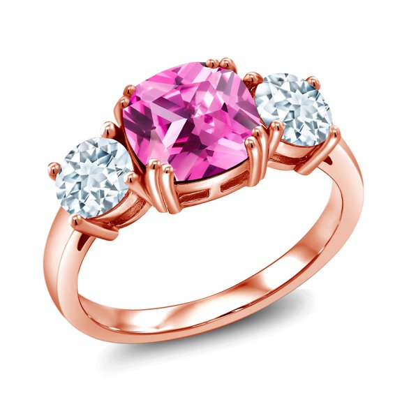 Gem Stone King 18K Rose Gold Plated Silver Pink Created Sapphire and Sky Blue Aquamarine 3 Stone Engagement Ring for Women (3.75 Cttw, Gemstone September Birthstone, Cushion 8MM, Size 6)
