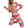 thumbnail image 5 of Women Pajamas Jumpsuit, Buttons V Neck Long Sleeve Christmas Cartoon Printed One-Piece Sleepwear, 5 of 7