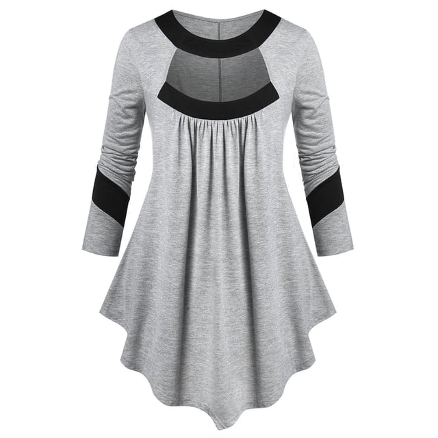 Camiseta Asimétrica Recortada Dos Tonos Tamaño Plus Rosegal Mangas largas de talla grande