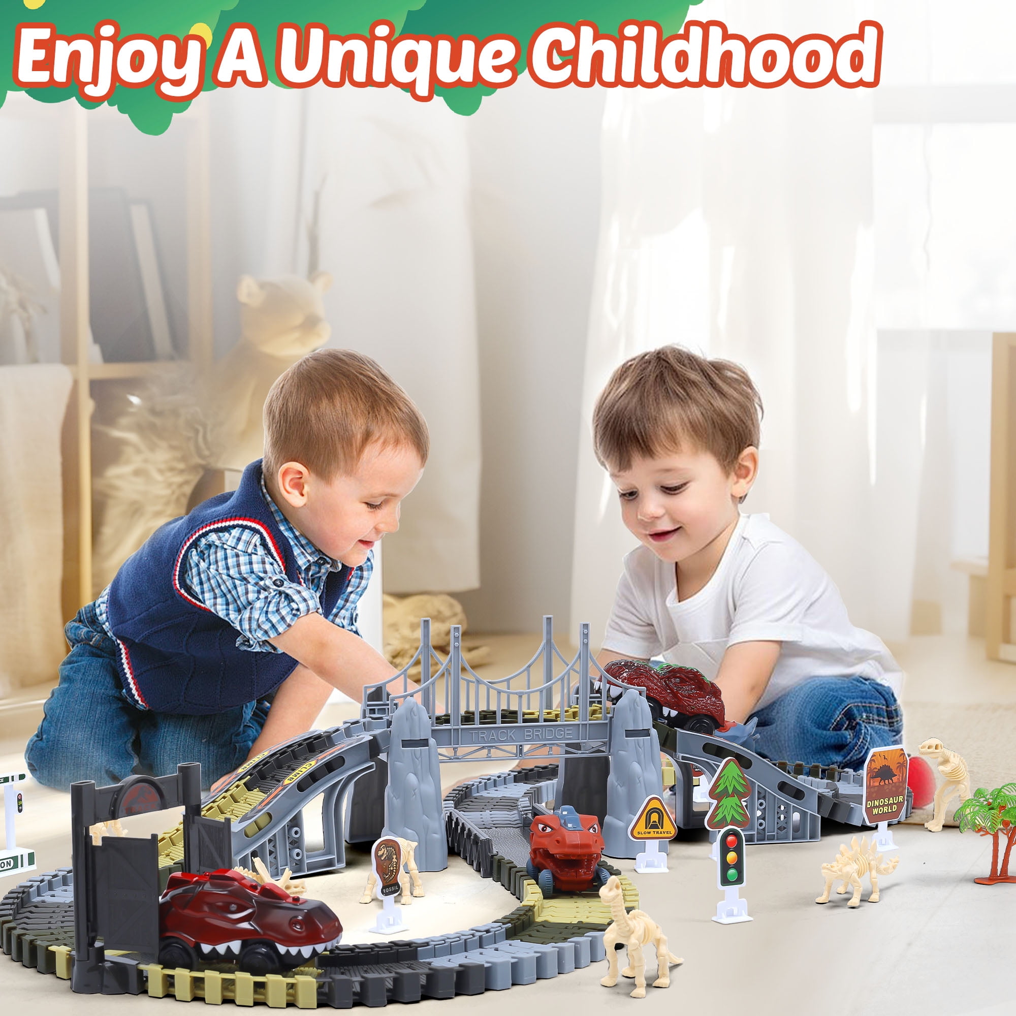 Dinosaur Race Track Toys for Kids , Flexible Train Tracks Set 187 Pcs with Dino Cars, Toy for Boys 3 6 Years Old, Christmas Birthday Gifts for Children